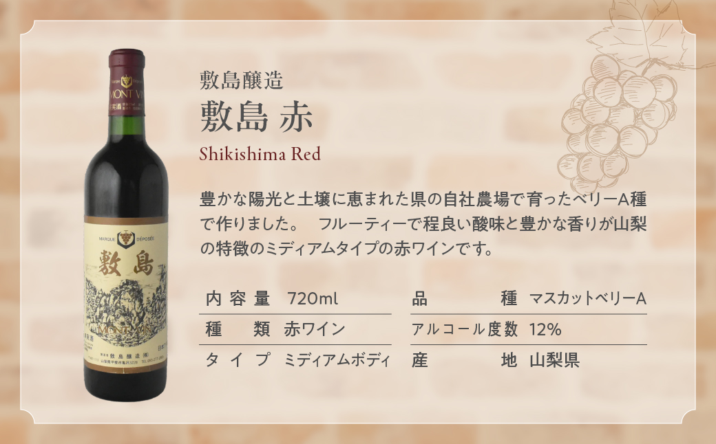 ＜甲斐市産　赤ワイン飲み比べ3本セット＞　ワイン　家飲み　赤ワイン　辛口　ミディアムボディ　メルロー　シラー　SUNTORY　敷島　登美　山梨ワイン　日本ワイン　酒　フロムファーム　テーブルワイン　定番　山梨県　甲斐市　シャトレーゼ　AD-289