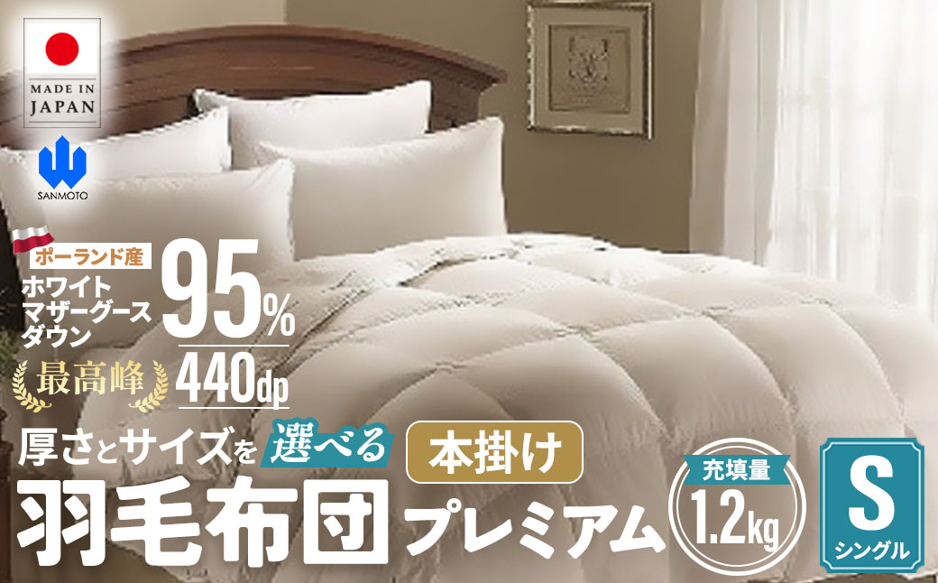 【掛け布団】羽毛掛け布団プレミアム（シングル：150㎝×210㎝）ポーランド産ホワイトマザーグースダウン95％
