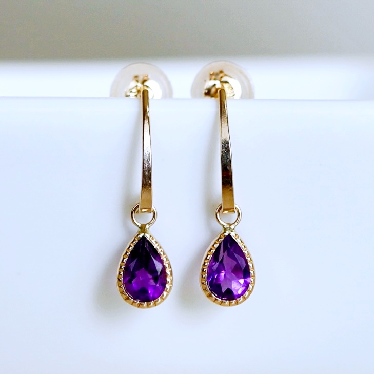 K10YG(10金) イエローゴールド 揺れる アメシスト アンティーク ピアス  保証書付 SR-2223-1 242-043-a