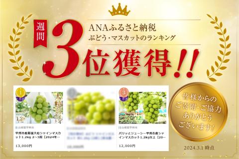 パリッとジューシー甲州市産シャインマスカット1.1kg以上【2026年発送】（TMK）B-420