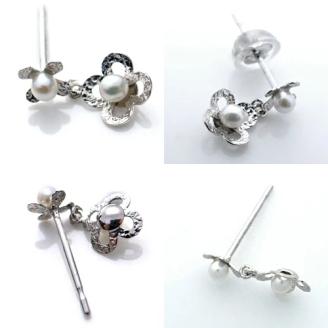 ピアス 天然 ベビー パール ペア ミル打ち フラワー スタッド ダブルロックキャッチ【K10WG】 P-129 （KRP）D2-1410