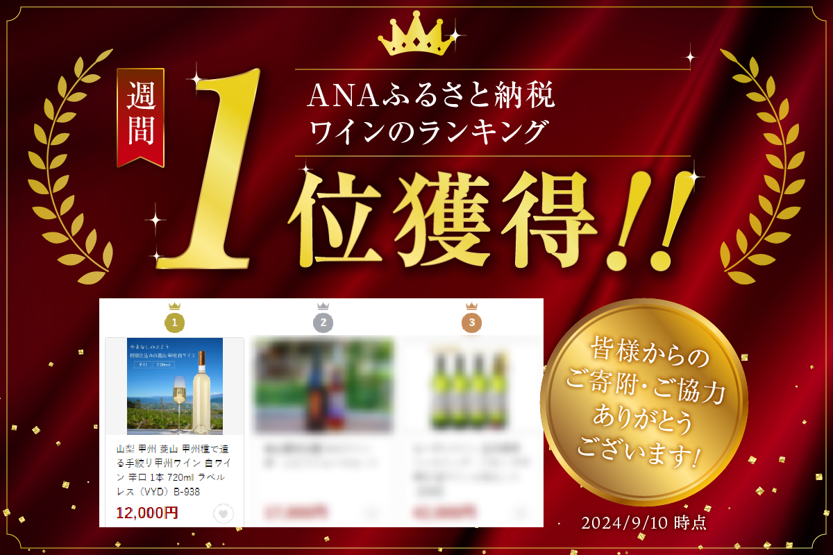 山梨 甲州 菱山 甲州種で造る手絞り甲州ワイン 白ワイン 辛口 1本 720ml ラベルレス（VYD）B-938