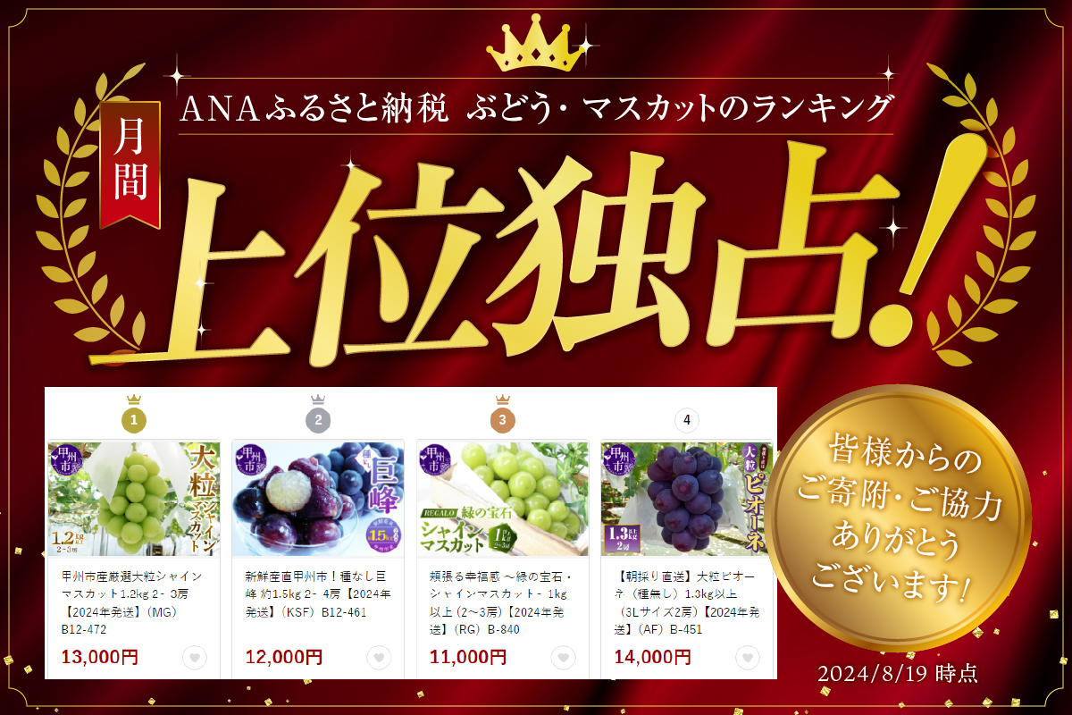 【朝採り直送】大粒ピオーネ（種無し）1.2kg以上（3Lサイズ2房）【2025年発送】（AF）B-451