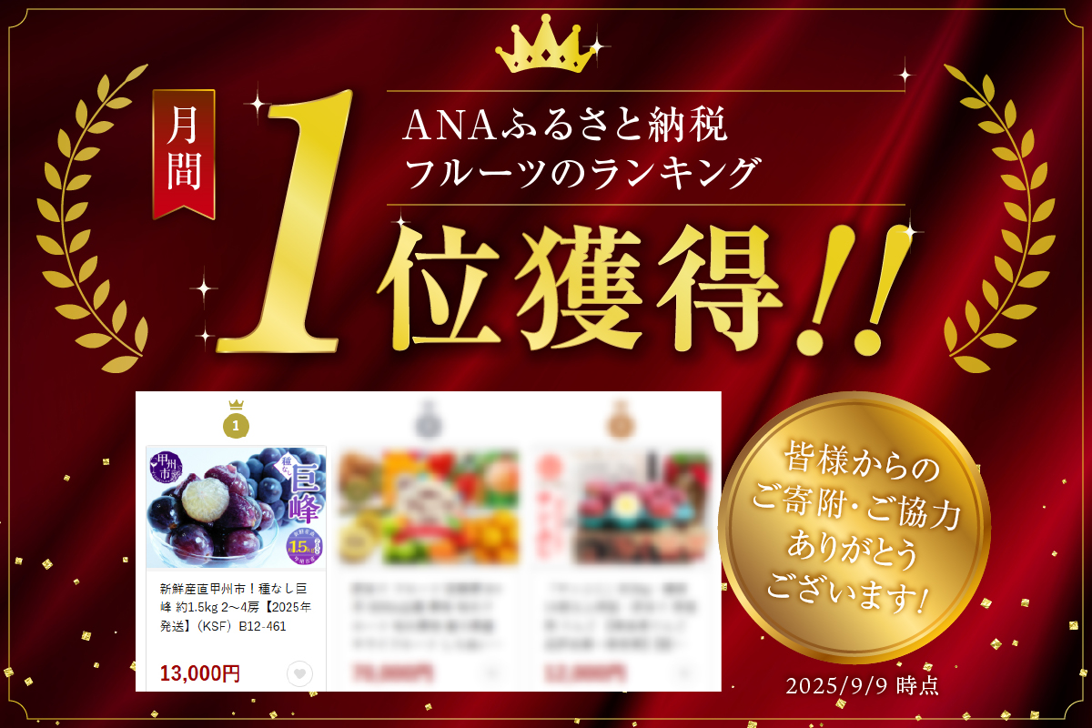 新鮮産直甲州市！種なし巨峰 約1.5kg 2～4房【2026年発送】（KSF）B12-461