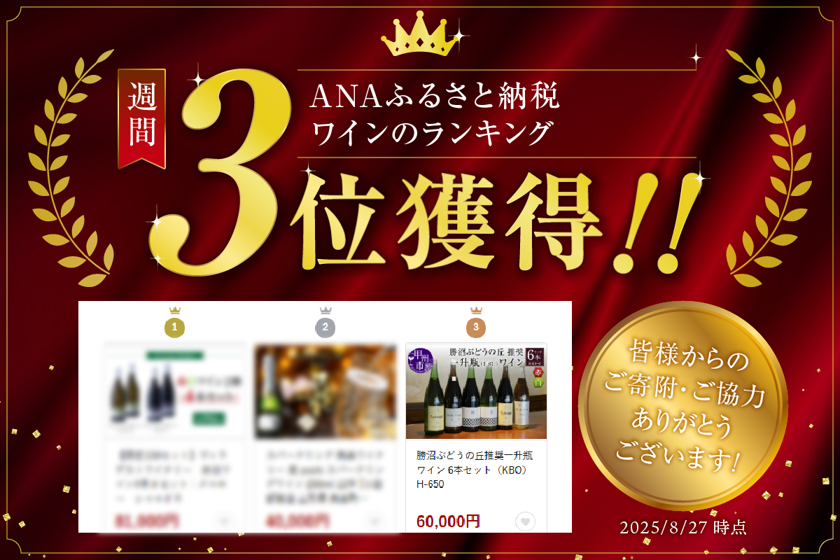 勝沼ぶどうの丘推奨一升瓶ワイン 6本セット（KBO）H-650