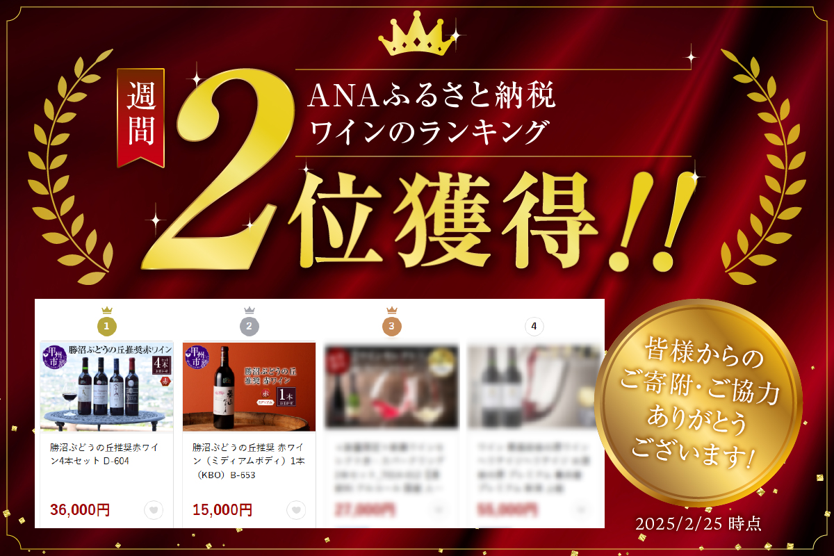 勝沼ぶどうの丘推奨 赤ワイン（ミディアムボディ）1本（KBO）B-653