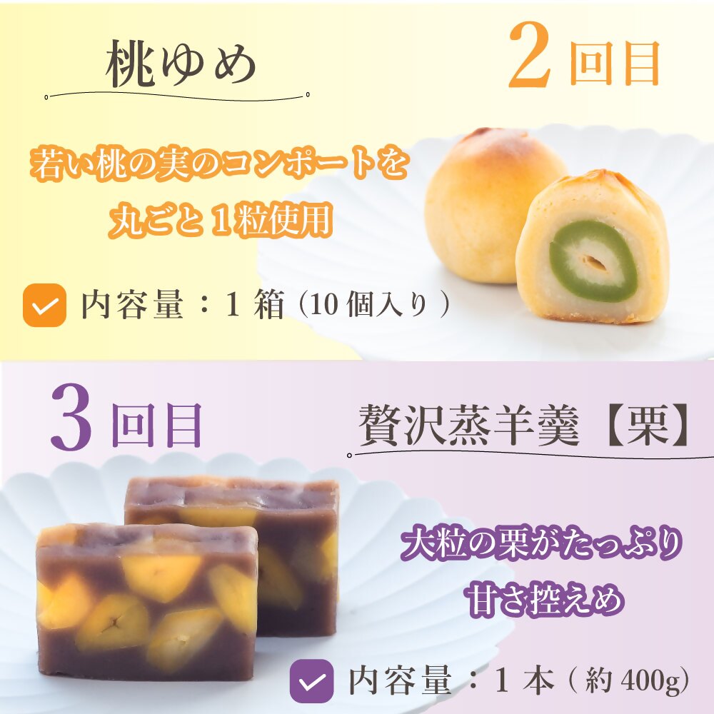 【定期便全3回】皇室献上菓匠 三省堂 贅沢和菓子 3か月 羊羹 桃ゆめ 栗羊羹 本格和スイーツ（VYD）C5-930