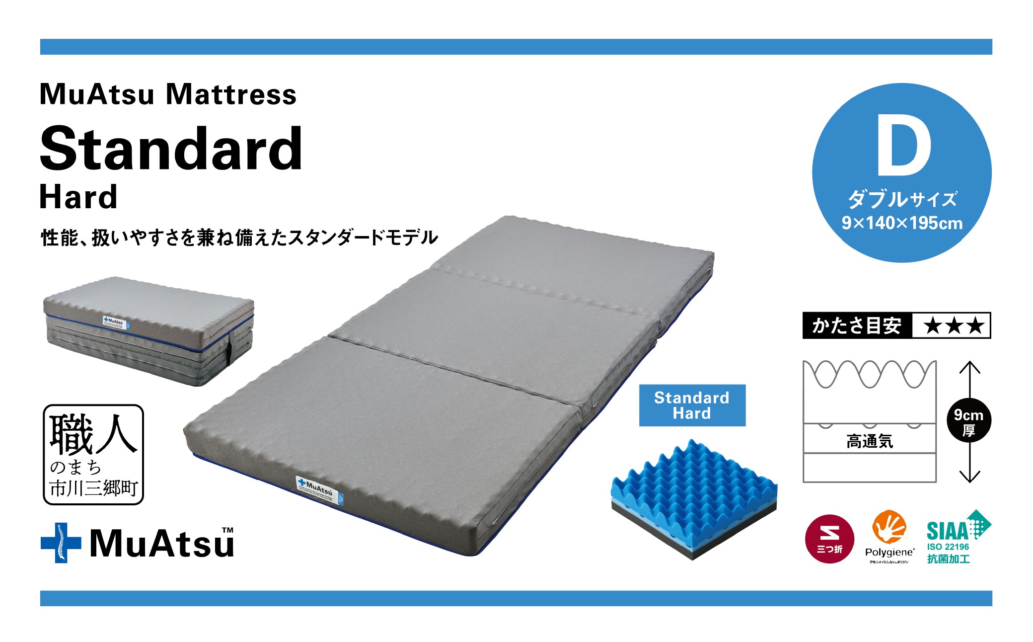 ムアツ マットレス スタンダード ダブル 三つ折り 折りたたみ マットレス 約 10cm 敷布団 敷き布団 寝具 ハード シーツ 専用シーツ付 綿 ホワイト 昭和西川 体圧分散 通気性 寝返りサポート 理想的な寝姿勢 快眠 不眠解消 夫婦 背骨 不眠 蒸れにくい 新生活 健康 熟睡 引越し ふとん [5839-8458]
