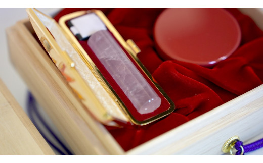 ローズクウォーツ13.5mm丸×60mm丈　実印又は銀行印　鳳凰ケース付　桐箱入り[5839-2022]