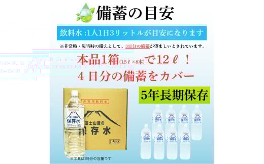 非常用飲料水 富士山麓の保存水1.5L 8本入 総量12L／ミネラルウォーター お水 軟水 飲料 飲料水 ペットボトル 生活必需品 消耗品 備蓄 備蓄水 防災用品 防災 災害対策 5年 長期保存 人気 まろやか おいしい 送料無料 山梨県 西桂町【n0545-08_web_A】