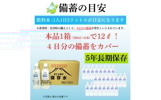 非常用飲料水 富士山麓の保存水500ml 48本 (24本入2箱)総量24L／ミネラルウォーター お水 軟水 飲料 飲料水 ペットボトル 生活必需品 消耗品 備蓄 備蓄水 防災用品 防災 災害対策 5年 長期保存 人気 まろやか おいしい 送料無料 山梨県 西桂町 [注目]【n0546-48_web_A】