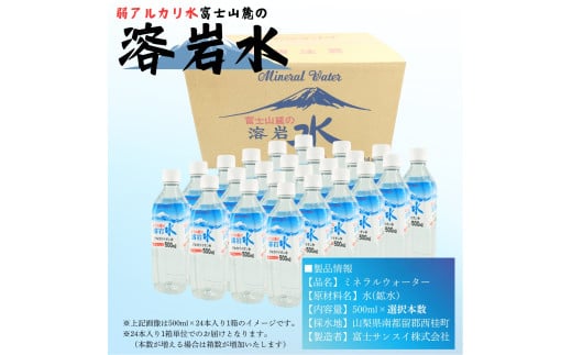 弱アルカリ水 富士山麓の溶岩水500ml 48本入 (24本入2箱)／ミネラルウォーター お水 軟水 飲料 飲料水 ペットボトル 生活必需品 消耗品 備蓄 防災 災害対策 人気 まろやか おいしい 送料無料 山梨県 西桂町【n0548-48_web_A】