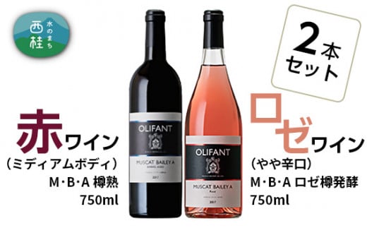 ワイン 赤ワイン ロゼ 笹一酒造 OLIFANT マスカットベリーA 750ml 2本セット ミディアムボディ やや辛口 酒 お酒 アルコール 国産ワイン 飲み比べ 食前酒 食中酒 ぶどう プレゼント お祝い 記念日 ギフト 父の日 母の日 パーティー 山梨県 西桂町【n0142_sas_A】