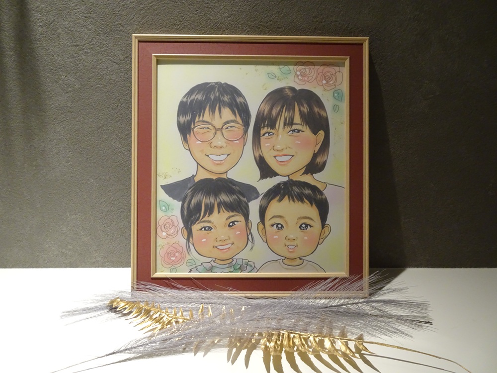 本格オーダーメイド 似顔絵 （色紙サイズ・額付） 2名 ペットも描きます