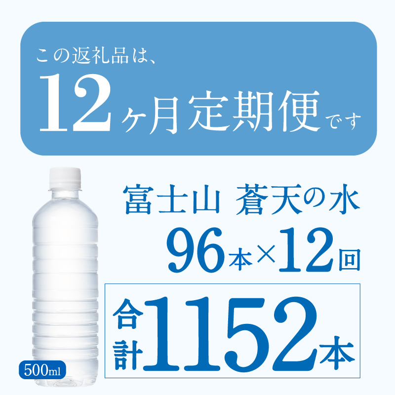 【12ヶ月定期便】富士山蒼天の水 500ml×96本（4ケース）ラベルレス