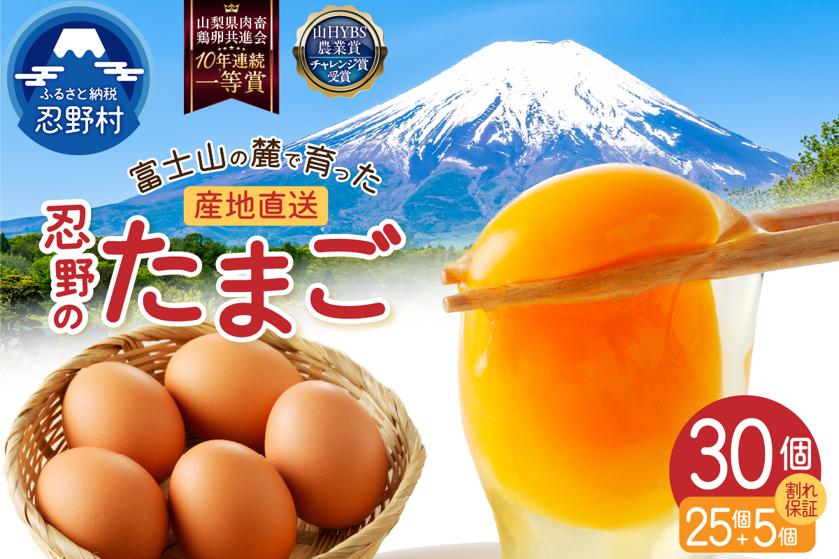 【5月配送分】富士山の麓で育った産地直送 ”忍野の卵” ※卵25個+割れ保証5個　計30個