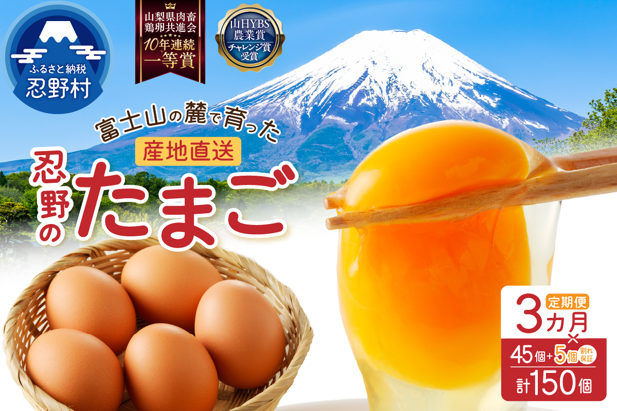【3ヶ月定期便】富士山の麓で育った産地直送 ”忍野の卵”※卵45個+割れ保証5個　計150個