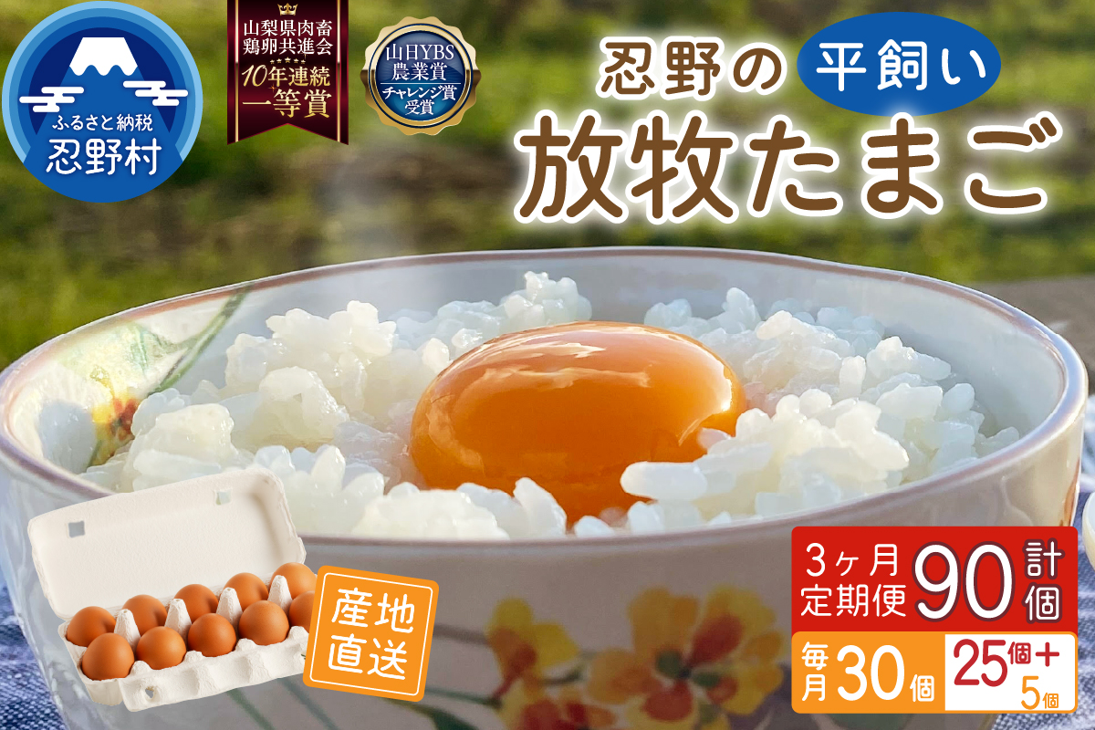 【3ヶ月定期便】忍野の平飼い放牧卵30個（25個＋割れ保証5個）