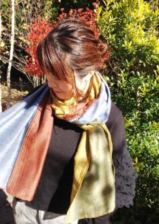 富士桜工房「やすらぎストール」ゴールド×モスグリーン×テラコッタ×グレイッシュブルー 男女兼用ウール＆シルクの二重ガーゼ構造 FAA4016