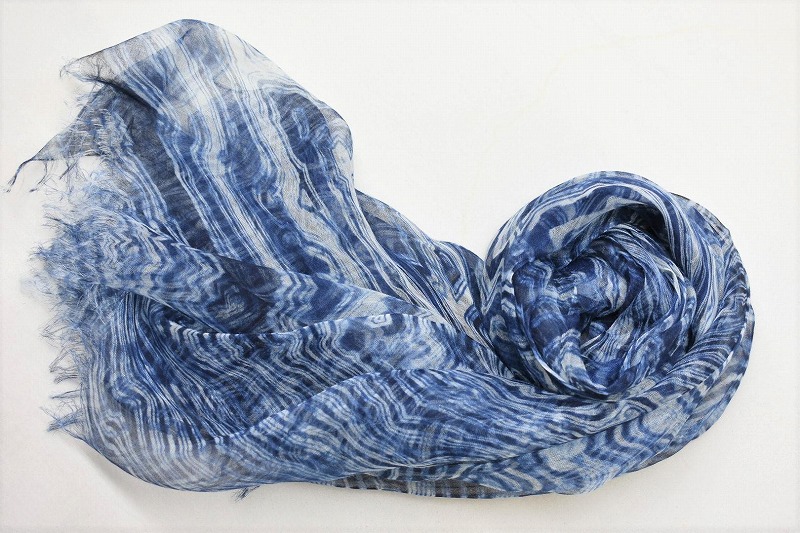 リネンストール藍染め 板締め絞り(極細麻糸ラミー)(男女兼用)天然素材ストール専門店muto FAA4028