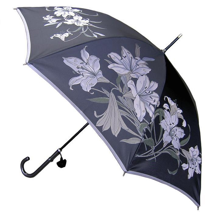 槙田商店【晴雨兼用】長傘 ”絵おり” 百合：黒 FAA5075