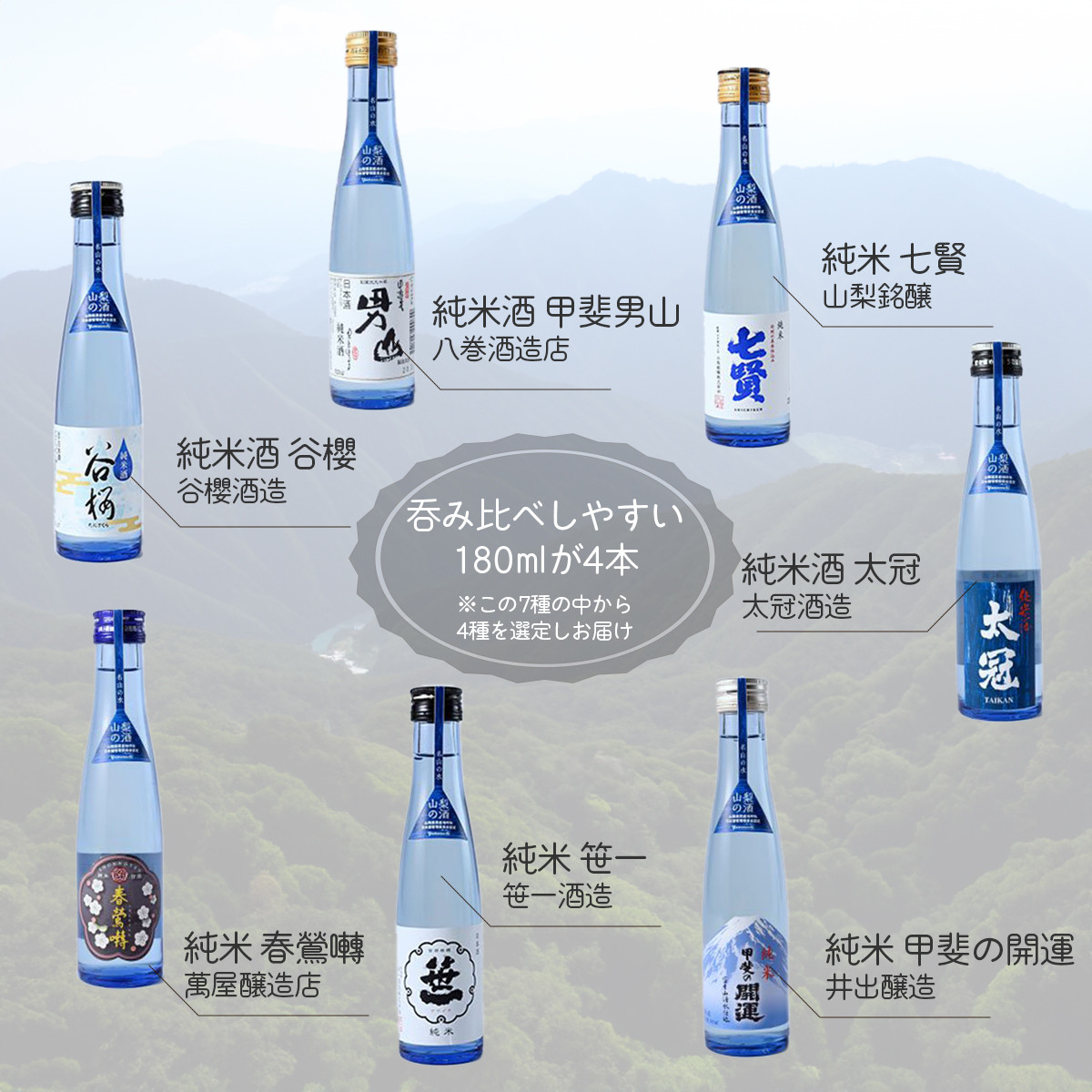 山梨の「山の酒」純米酒飲み比べ4本セット【tab0130】