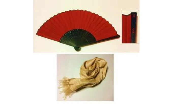 上田紬林檎染ストールと赤備え扇子
