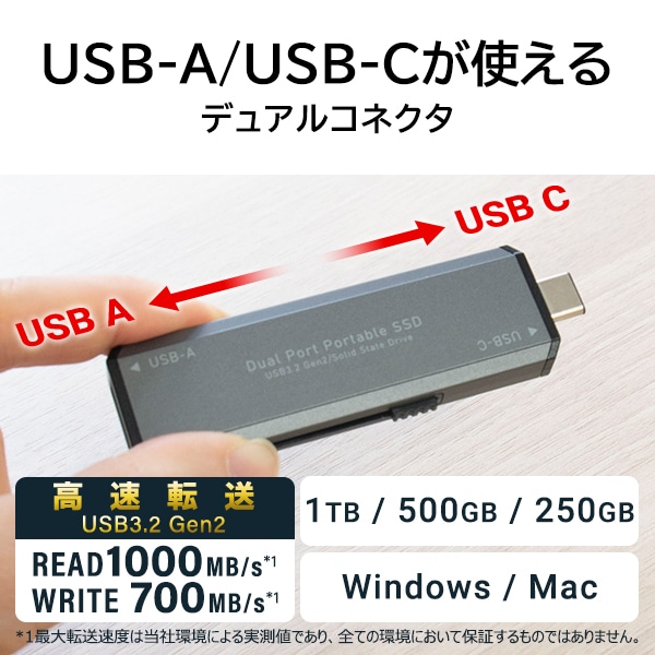 【020-48】ロジテック ポータブルSSD 250GB Type-A/C両対応 スティック型 USBメモリサイズ USB3.2(Gen2) TyoeC PS4/5/5Pro 動作確認済み 読み込み1000MB/秒【LMD-SPCH025UAC】