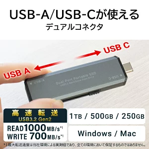 【031-07】ロジテック ポータブルSSD 500GB Type-A/C両対応 スティック型 USBメモリサイズ USB3.2(Gen2) TyoeC PS4/5/5Pro 動作確認済み 読み込み1000MB/秒【LMD-SPCH050UAC】