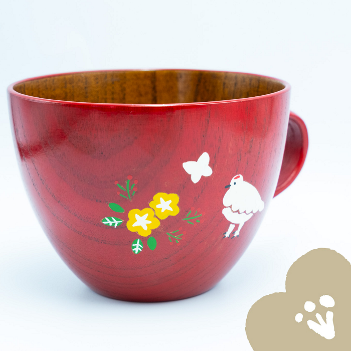 「信州の名工」による漆絵入り 木製スープマグ【赤漆】（花咲くらいちょう）(Ba-030)