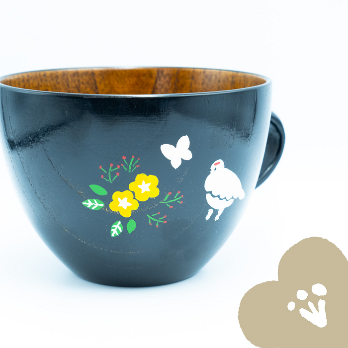 「信州の名工」による漆絵入り 木製スープマグ【黒漆】（花咲くらいちょう）(Ba-031)