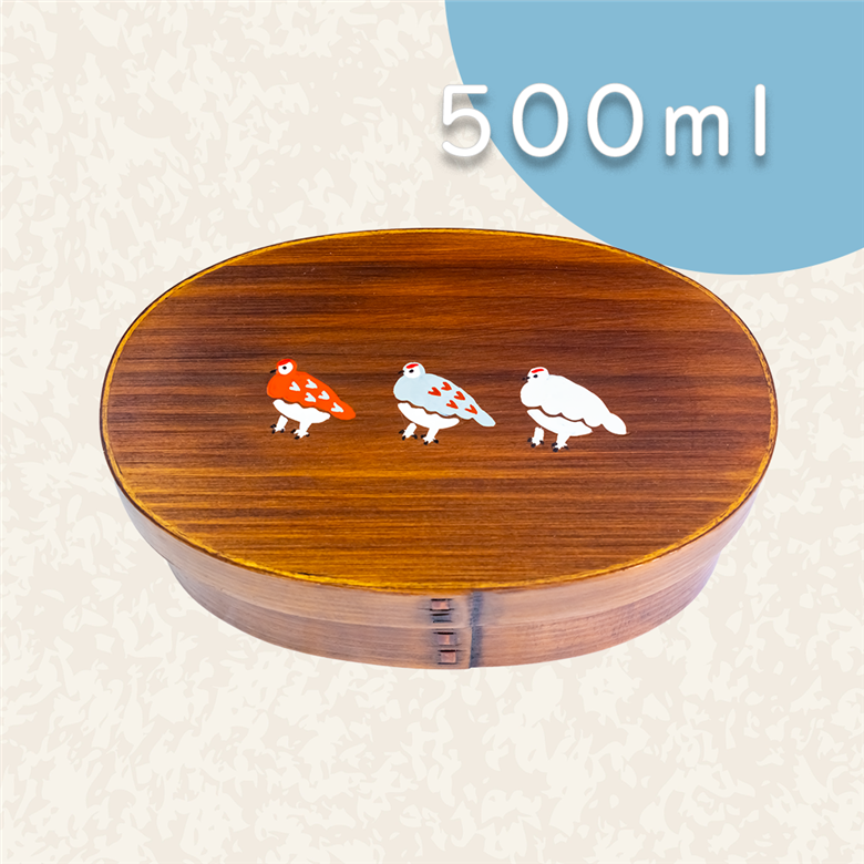 【漆塗り】「らいちょう」漆絵入り 一段曲げわっぱ弁当箱(Ba-035)