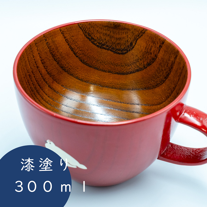 「信州の名工」による漆絵入り 木製スープマグ【赤漆】（花咲くらいちょう）(Ba-030)