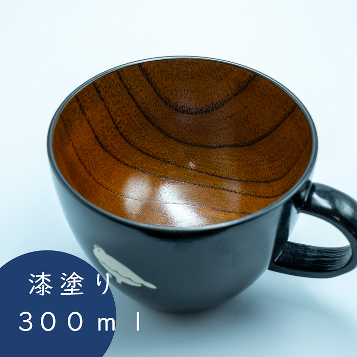 「信州の名工」による漆絵入り 木製スープマグ【黒漆】（花咲くらいちょう）(Ba-031)