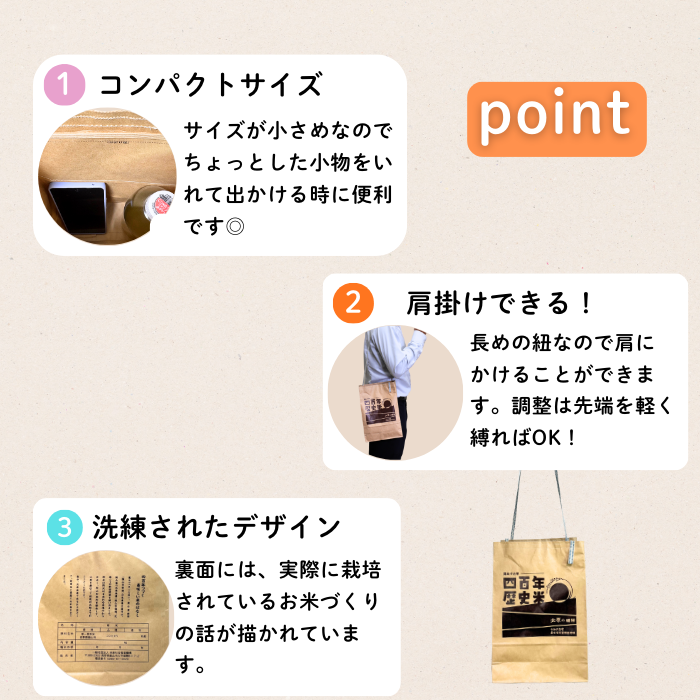 「四百年歴史米」米袋肩掛けバック(Bp-003) ｜メンズ レディース 大容量 旅行 通勤 通学 仕事 限定 リユース 長野県 飯山市