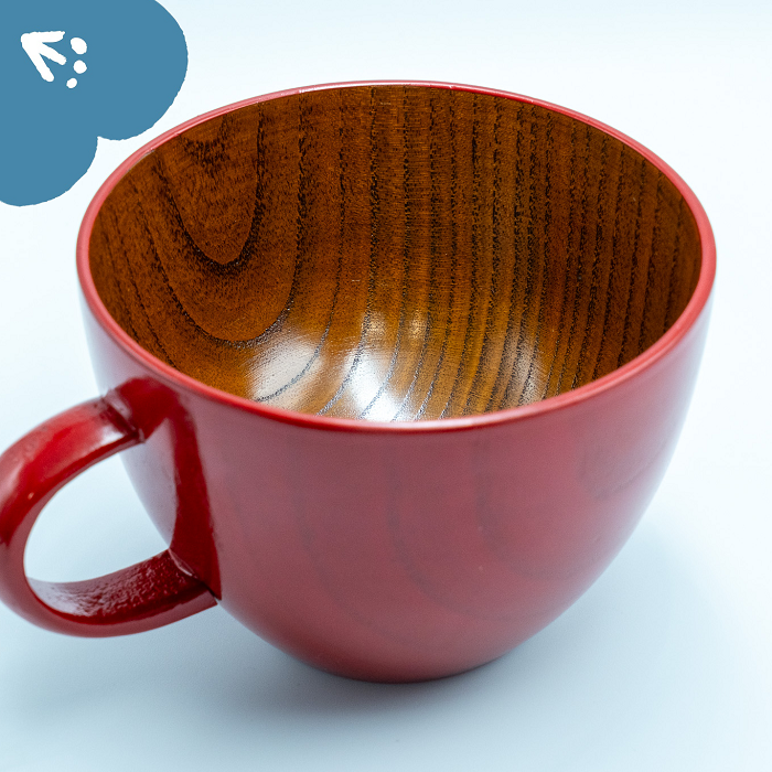 「信州の名工」による漆絵入り 木製スープマグ【赤漆】（花咲くらいちょう）(Ba-030)