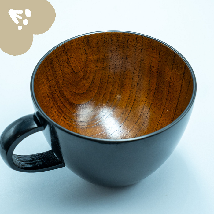 「信州の名工」による漆絵入り 木製スープマグ【黒漆】（花咲くらいちょう）(Ba-031)