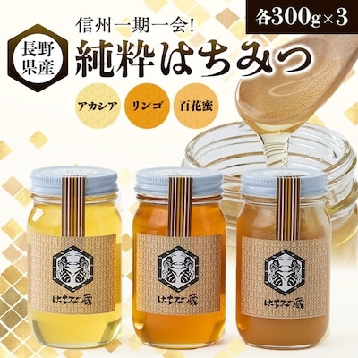信州一期一会!長野県産純粋はちみつ (アカシア・リンゴ・百花蜜)300g×3