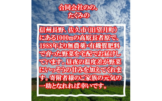 【5ヶ月定期便】旬の野菜7種『たくみのほほ笑みセット』（2026年7～11月出荷／北海道・九州・沖縄県・離島は配送不可） 旬彩 長野県 信州 おまかせ 高原  産地直送 季節 詰合せ 有機 栽培 先行予約