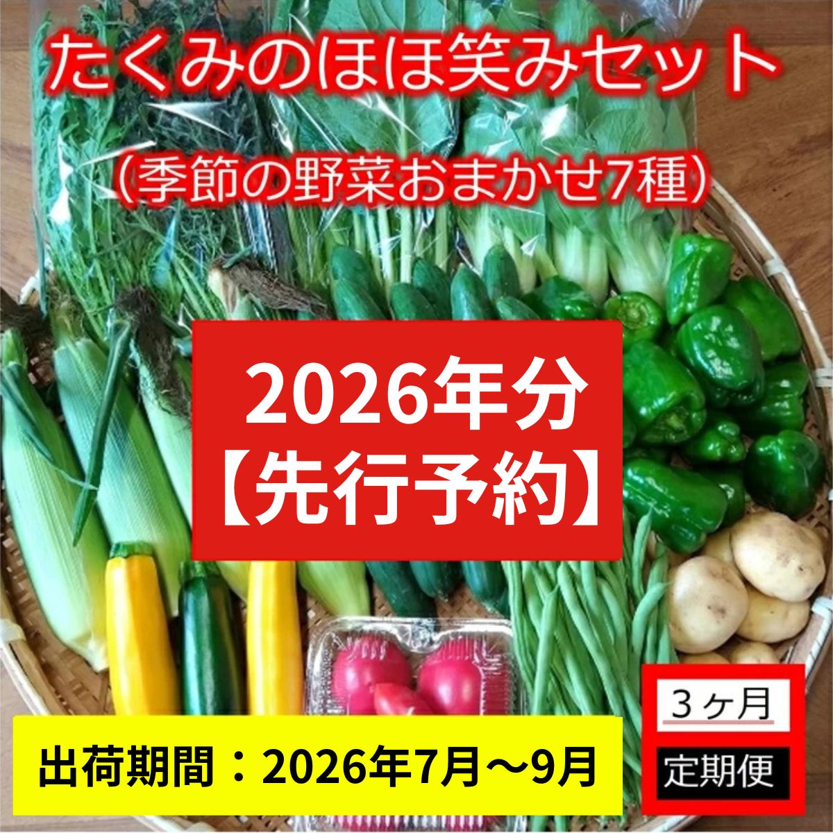 【3ヶ月定期便】旬の野菜7種『たくみのほほ笑みセット』（2026年7～9月出荷／北海道・九州・沖縄県・離島は配送不可） 旬彩 長野県 信州 おまかせ 高原  産地直送 季節 詰合せ 有機 栽培 先行予約