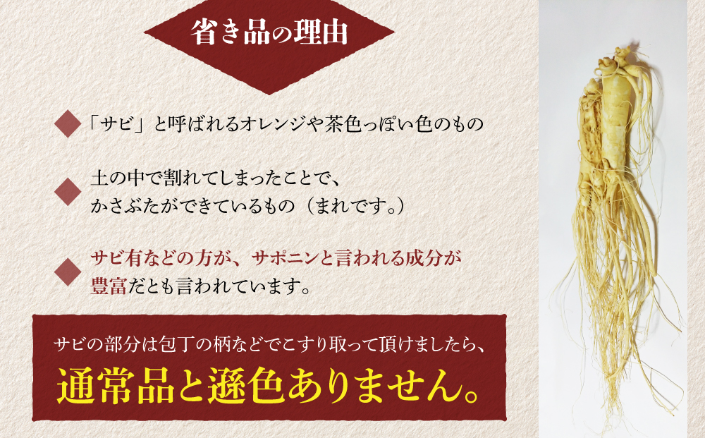 【長野県東御市産】栽培期間中出来るだけ農薬を減らして作った国産生高麗人参 6年生 約170ｇ（省き品）（2024年9月下旬?10月頃お届け予定）