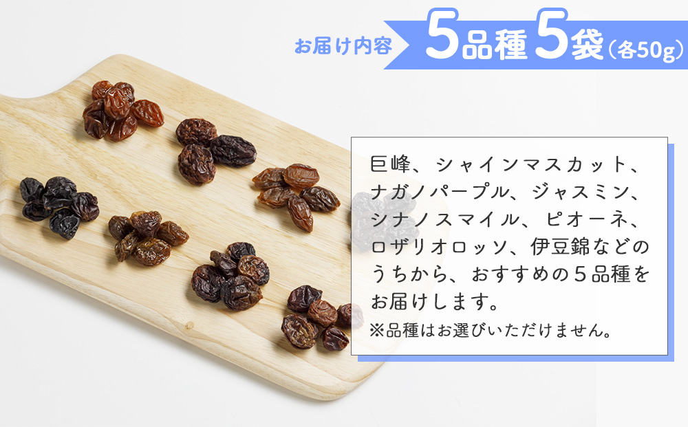 【秀果園】ぶどう農家のセミドライぶどう5品種5袋(各50g)|巨峰、シャインマスカット、ナガノパープルなど