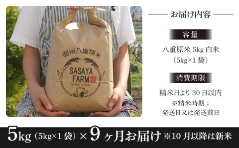 令和7年新米予約【9回定期便】八重原米5kg（5kg×1袋）白米 ※2025年10月以降順次発送｜笹屋農園「農薬削減長野県認証取得」