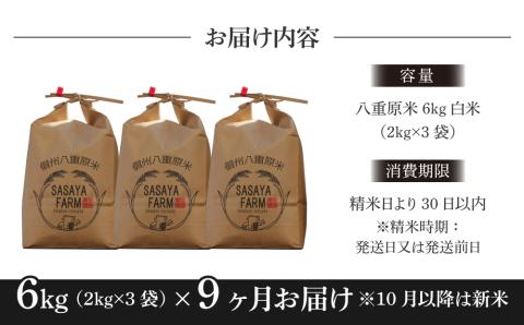 令和7年新米予約【9回定期便】八重原米6kg（2kg×3袋）白米　※2025年10月以降順次発送｜笹屋農園「農薬削減長野県認証取得」