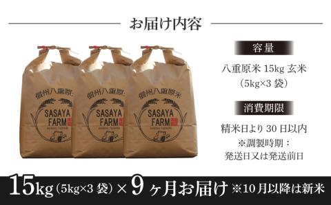 令和7年新米予約【9回定期便】八重原米15kg（5kg×3袋）玄米　※2025年10月以降順次発送｜笹屋農園「農薬削減長野県認証取得」