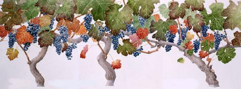 玉村豊男版画作品「収穫の日のブドウ」（額入り）