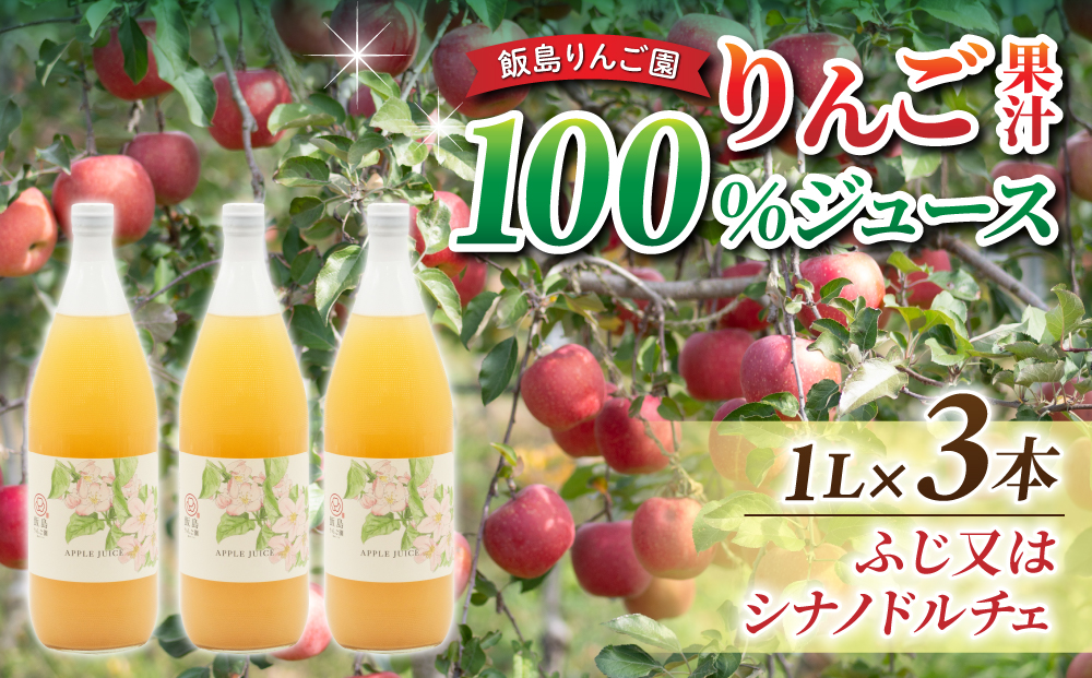 【飯島りんご園】果汁100％りんごジュース（ふじ又はシナノドルチェ）３本