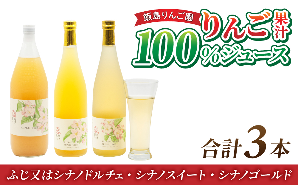 【飯島りんご園】果汁100％りんごジュース3種3本セット