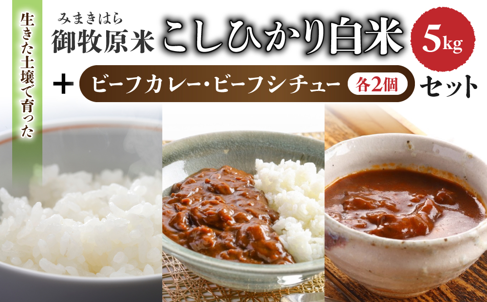 【里山JAPAN】長野県産！生きた土壌で育った『御牧原米こしひかり 白米（八分搗き）5kg』と小田切牧場ビーフカレー、ビーフシチューセット｜2025年10月上旬以降に発送予定