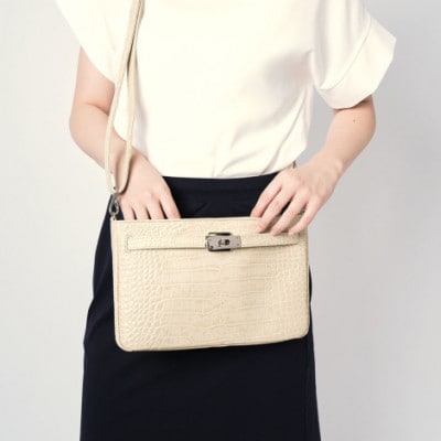 【濱野皮革工藝 】シューカペラショルダーバッグクロコ(バニラ×シルバー)